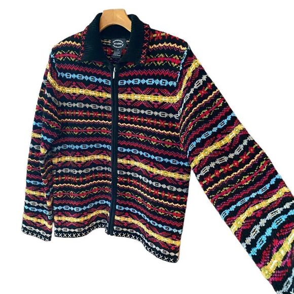 Designer Originals Sz M Black Chunky Knit Striped Full Zipper Weekend Shacket - Picture 3 of 6